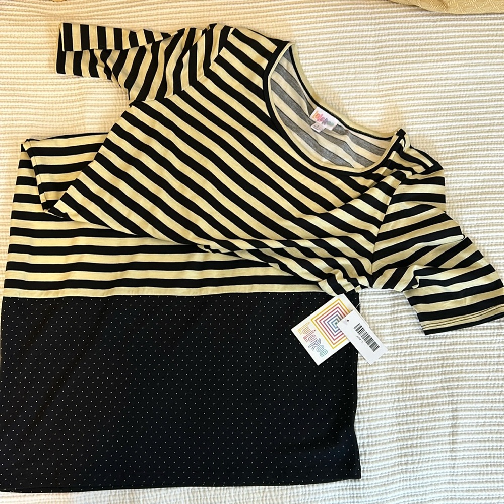 LuLaRoe Julia dress, black and cream. Stripes with dotted lower portion